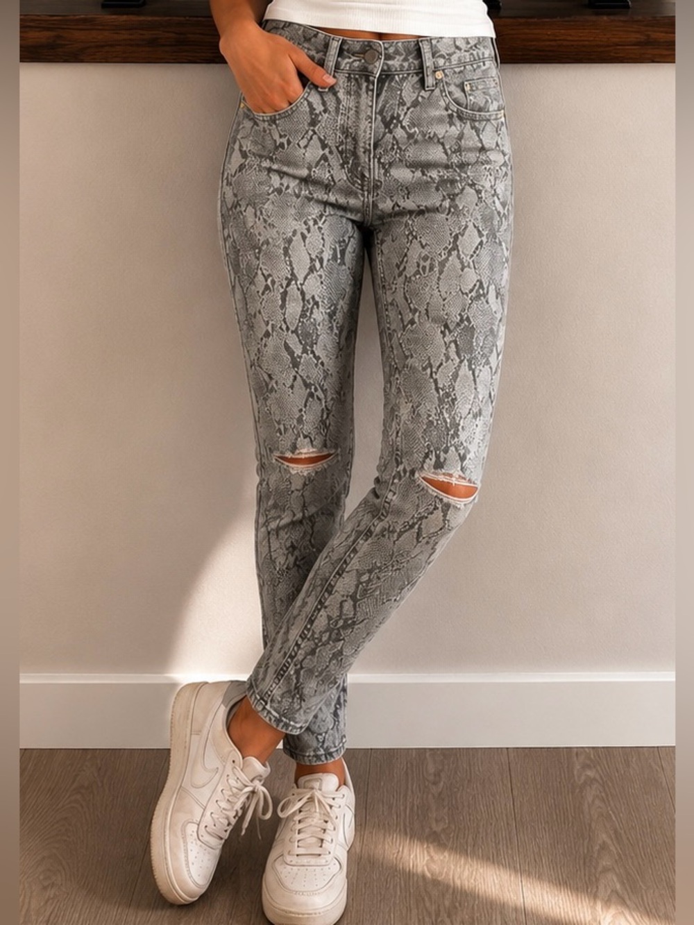 H&M snake print ribbed knee jeans